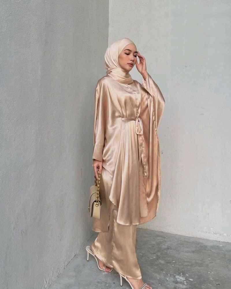 Kaftan Satin Dress manis Cewek Hijab Jilbab Lilit