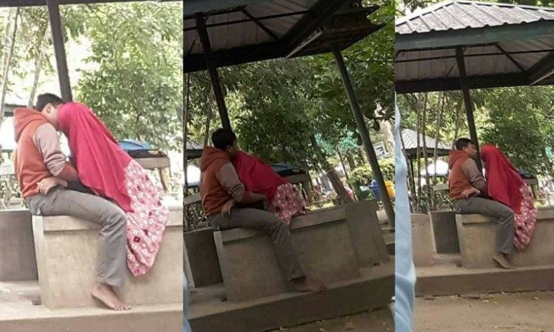 Uhti HIjab dan gamis besar ciuman di tempat umum